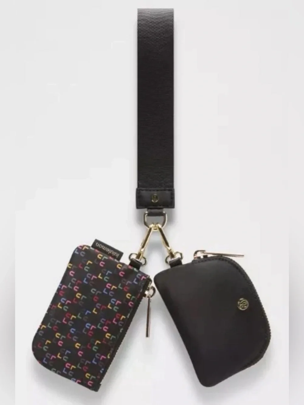 NWT Lululemon Dual Pouch Wristlet Black Multi Logo Gold